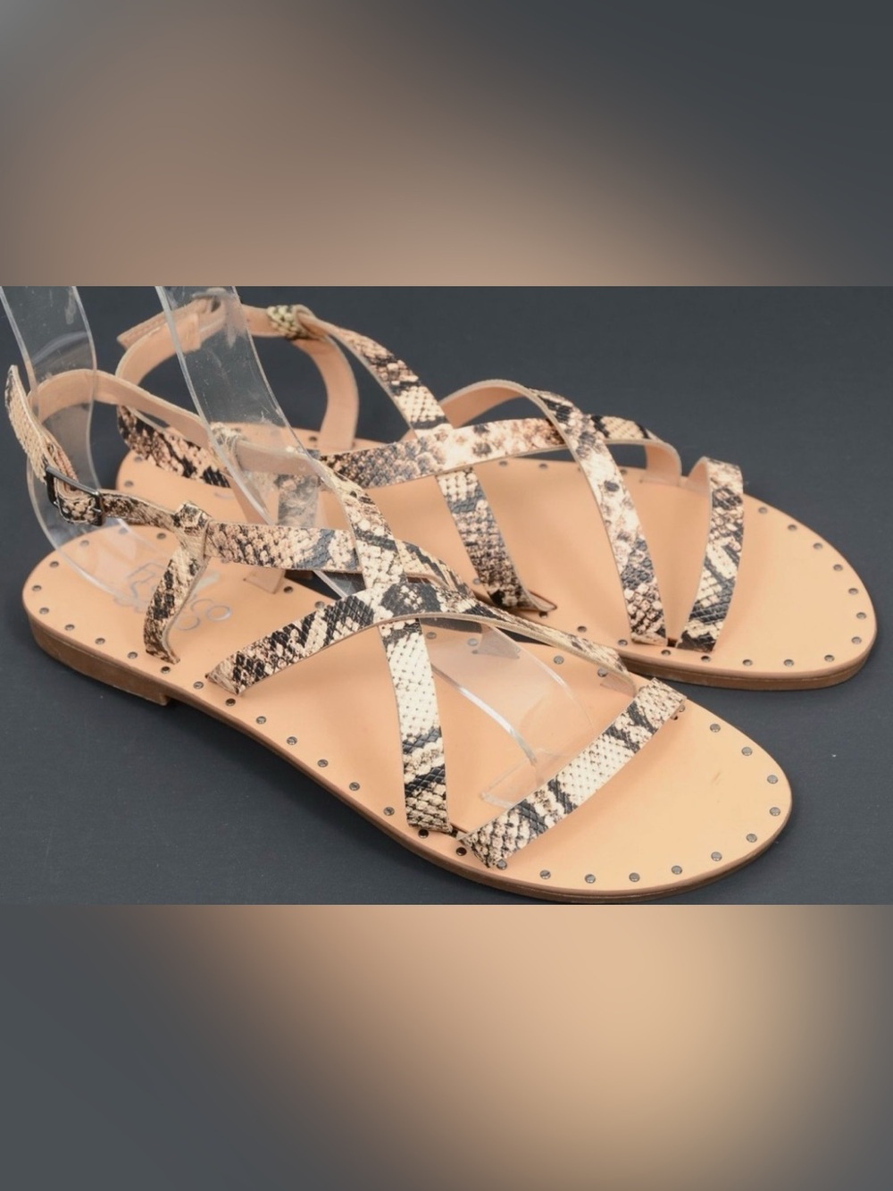 Franco Sarto Tan and Black Snake-Print Strappy Flat Sandals